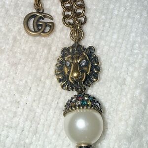 Gucci Gold Lion Necklace with Pearl and Gem Accents